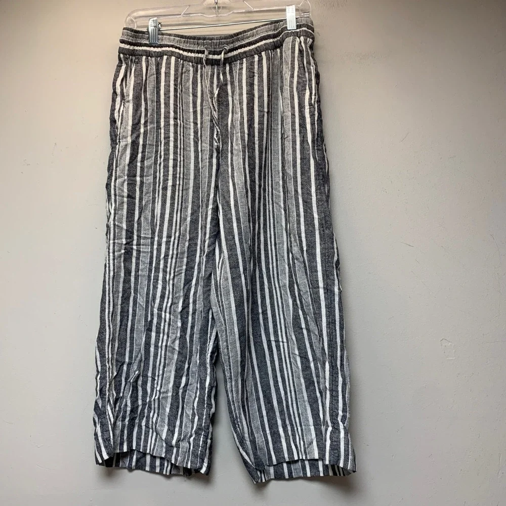 Banana Republic Wide Leg Crop Pants Women M Navy White Excellent Striped Linen